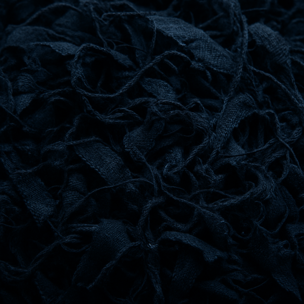Shredded pre-consumer cotton fabric offcuts in deep navy and charcoal tones